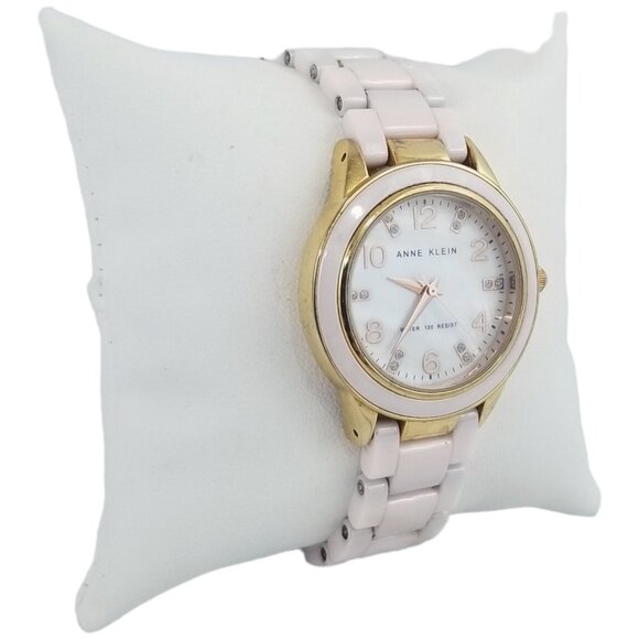 Anne Klein Women's Pink Enamel Gold Tone Watch Mother of Pearl Stainless Steel - Picture 7 of 10